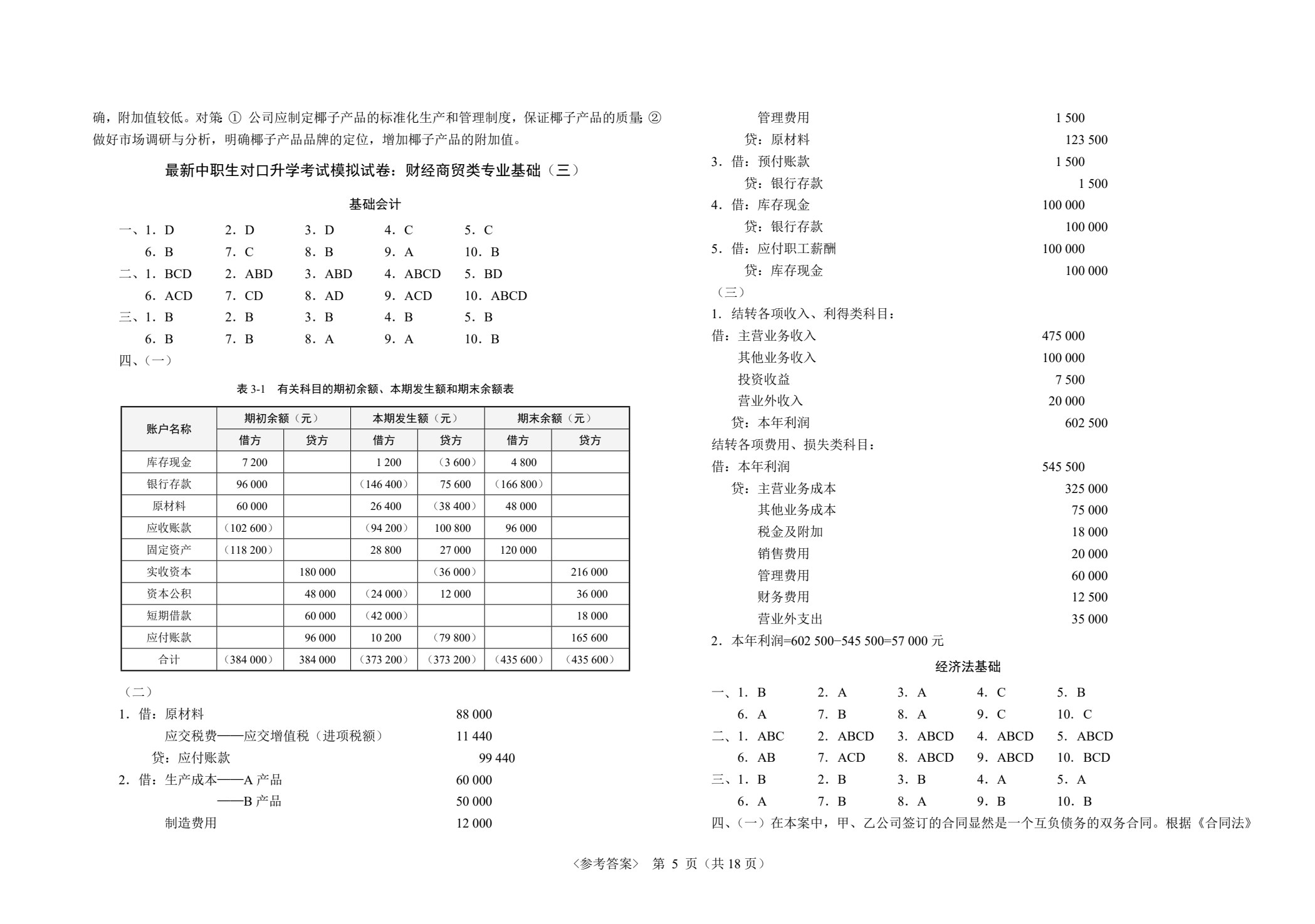 最新中职生对口升学考试模拟试卷：财经商贸类专业基础