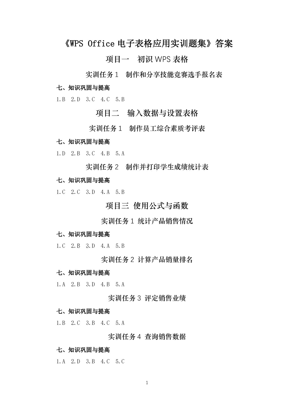 WPS Office电子表格应用实训题集