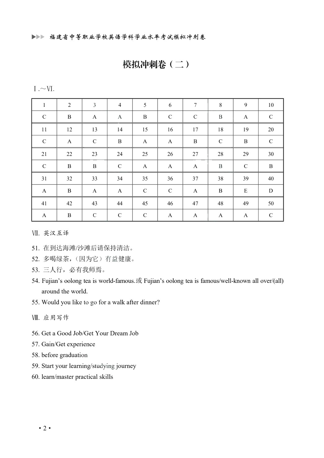 福建省中等职业学校英语学科学业水平考试模拟冲刺卷